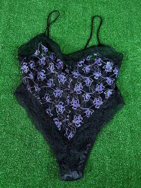Vintage Nan Flower Purple Black Floral Mesh Teddy Bodysuit Sheer Gothic Size L